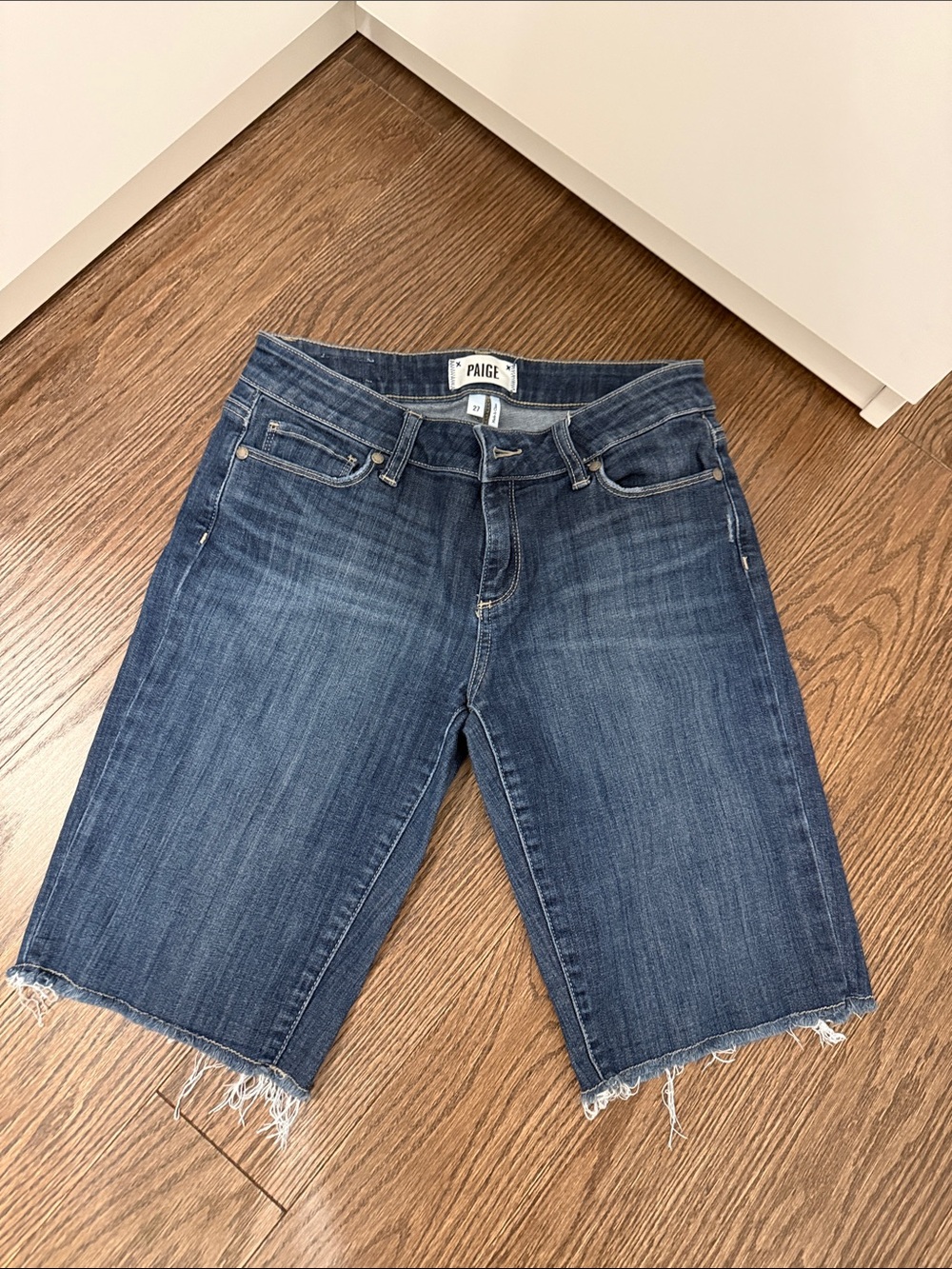 PAIGE Blue Denim Cropped Bermuda Jeans with Frayed Hem